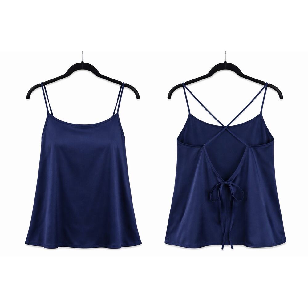 two Ekouaer Satin Camisole XXL Navy Blue Sleepwear Top Strappy Back NWT